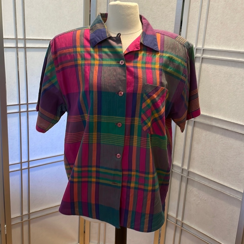 * Vintage Boom Plaid Button Down Pink & Green Size M